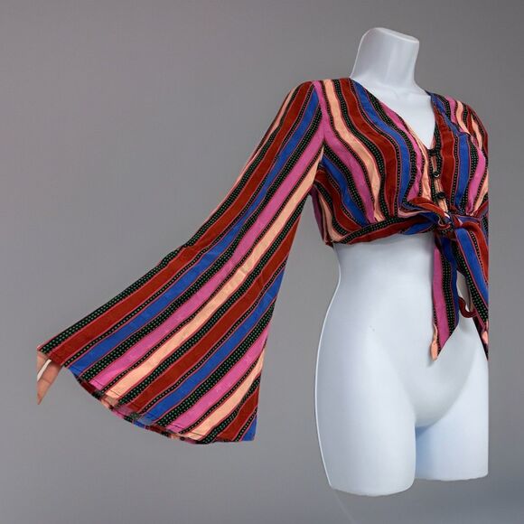 Topshop Striped Long Sleeve Tie Front Crop Top Stars 4th of July Women’s Size 2 - Picture 5 of 15